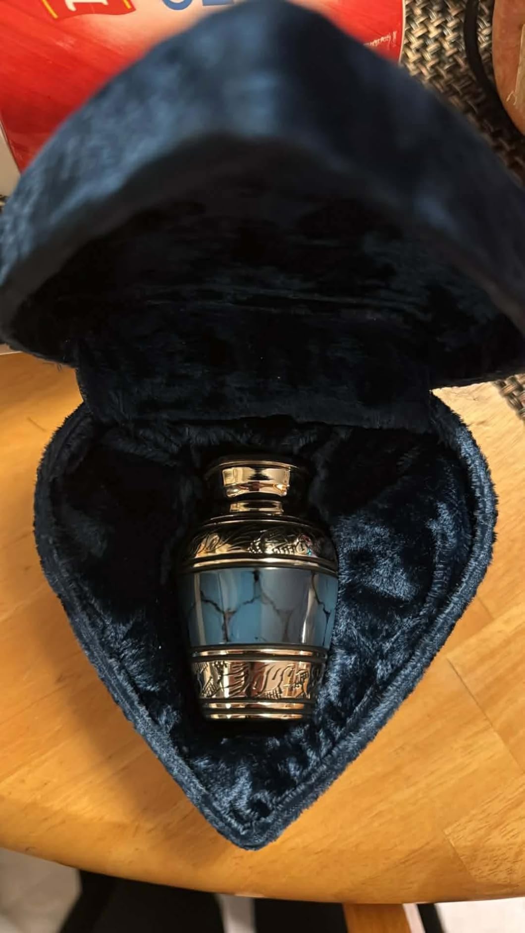Small Keepsake Cremation Urns for Human Ashes with Velvet Heart Case and Funnel - Beautiful Peaceful Dark Blue Brass Hand Engraved Mini Memorial Urn customer photo 1