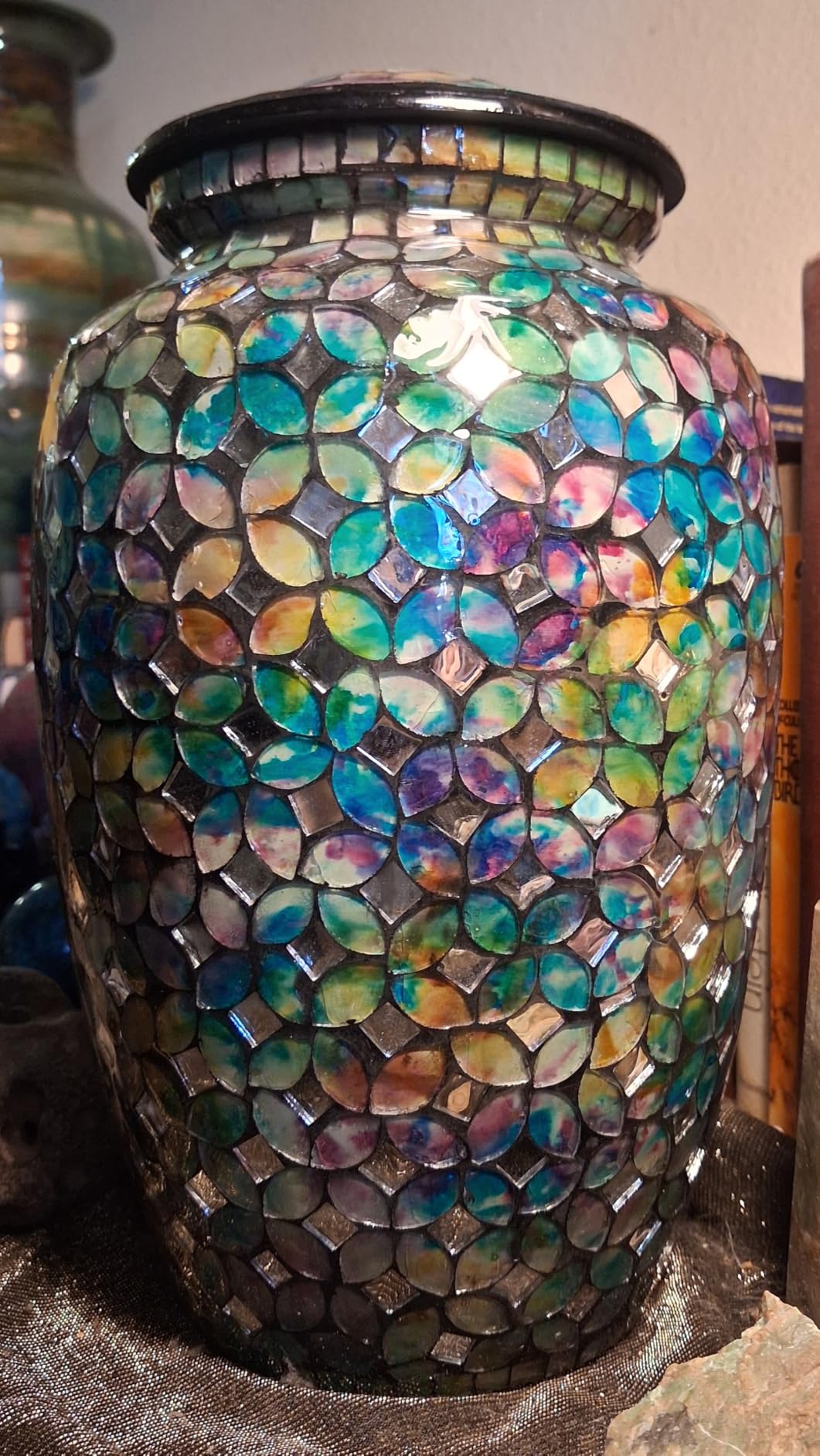 Mosaic Glass Cremation Urn - Hand Made Funeral Urn for Human Ashes - Large Adult Size Burial Urn - Hand Applied Individual Tiles Create a one of a Kind Work of Art - 200 cu in (Blue) customer photo 1