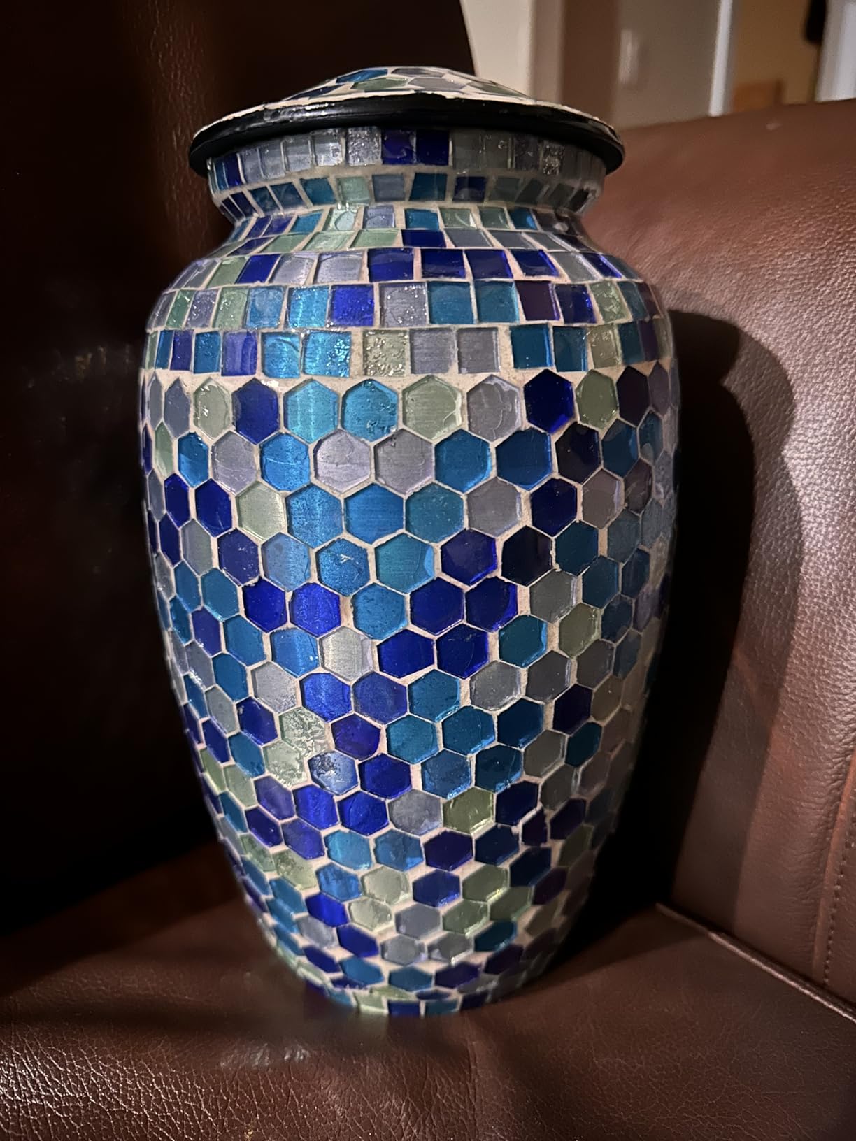 Mosaic Glass Cremation Urn - Hand Made Funeral Urn for Human Ashes - Large Adult Size Burial Urn - Hand Applied Individual Tiles Create a one of a Kind Work of Art - 200 cu in (Blue) customer photo 2
