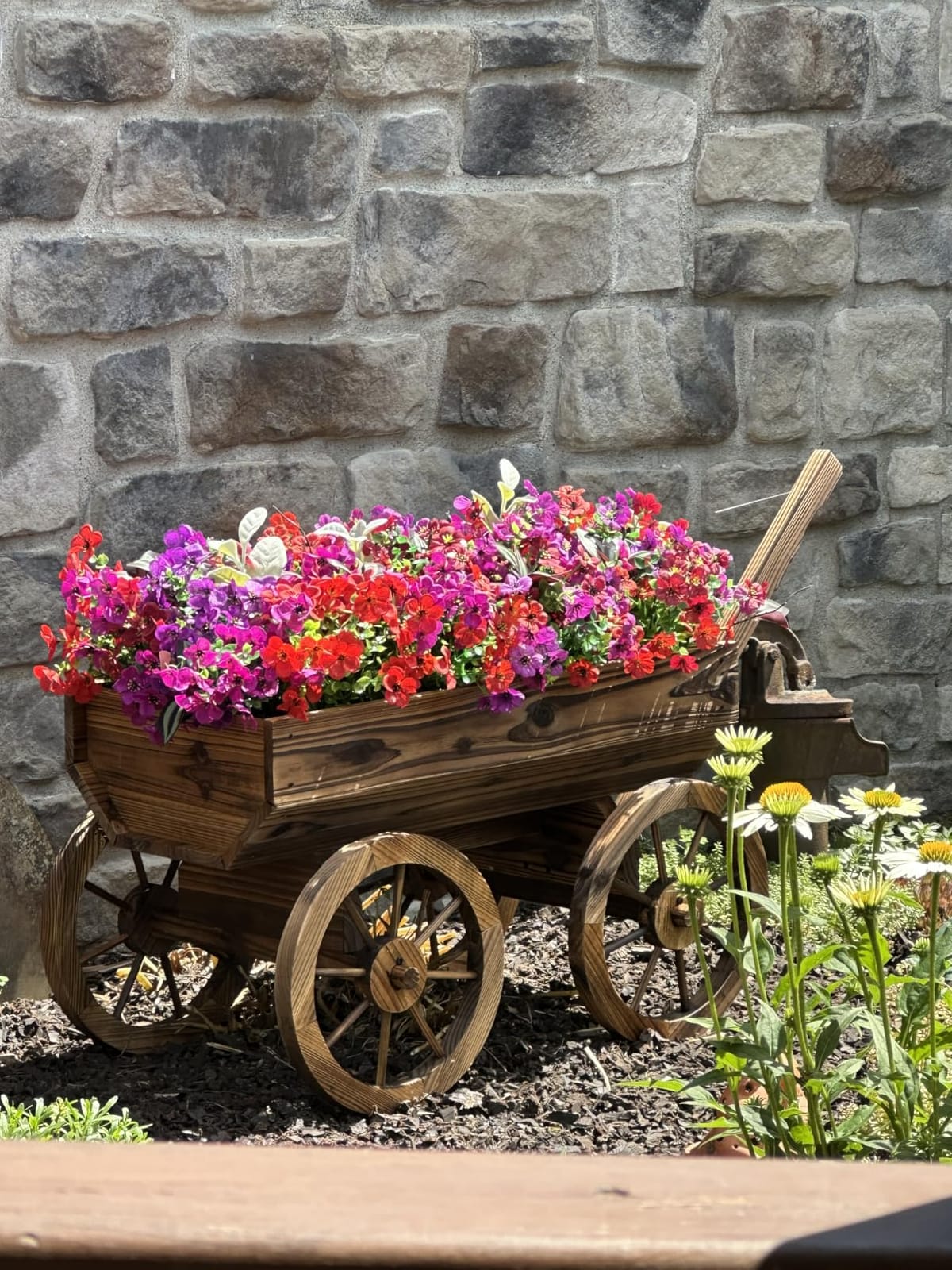 Wood Wagon Planter for Outdoor Balcony Decor - Garden Rustic Wooden Flower Cart with Wheels for Outside - Garden Decor - Amish Decorative Indoor - Wheelbarrow Planter for Patio customer photo 1
