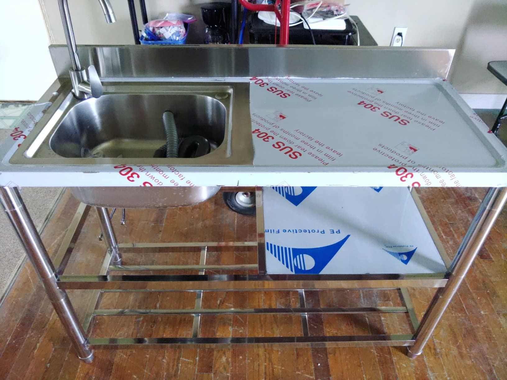 Free Standing Stainless-Steel Single Bowl Commercial Restaurant Kitchen Sink Set w/Faucet & Drainboard, Prep & Utility Washing Hand Basin w/Workbench & Storage Shelves Indoor Outdoor (39 in) customer photo 1