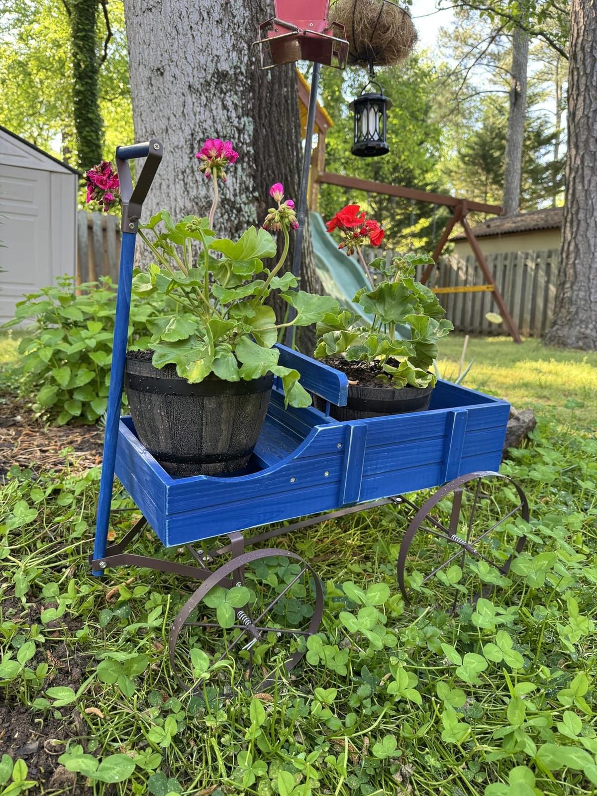 Goplus Wagon Planter, Decorative Wooden Garden Planter with Wheels, 2 Planting Sections and Adjustable Handle, Indoor Outdoor Backyard Balcony Decor (Brown) customer photo 1