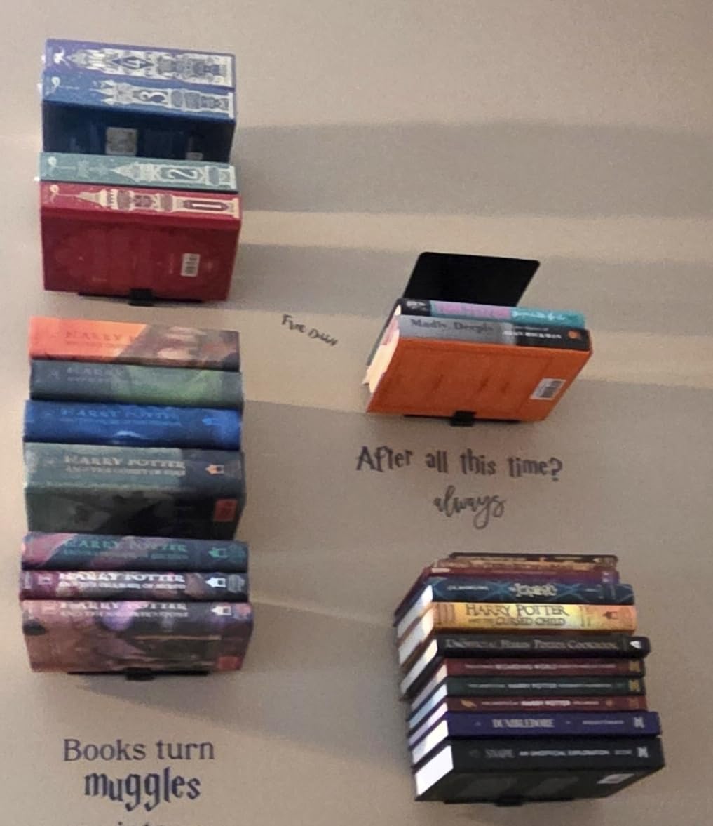 Floating Book Shelves for Wall, 4 Tier Invisible Floating Bookshelf, Vertical Spine Book Tower, Wall Mounted & Space Saving, Heavy Duty Metal Book Organizer for Home Office, 2 Pack Black customer photo 1
