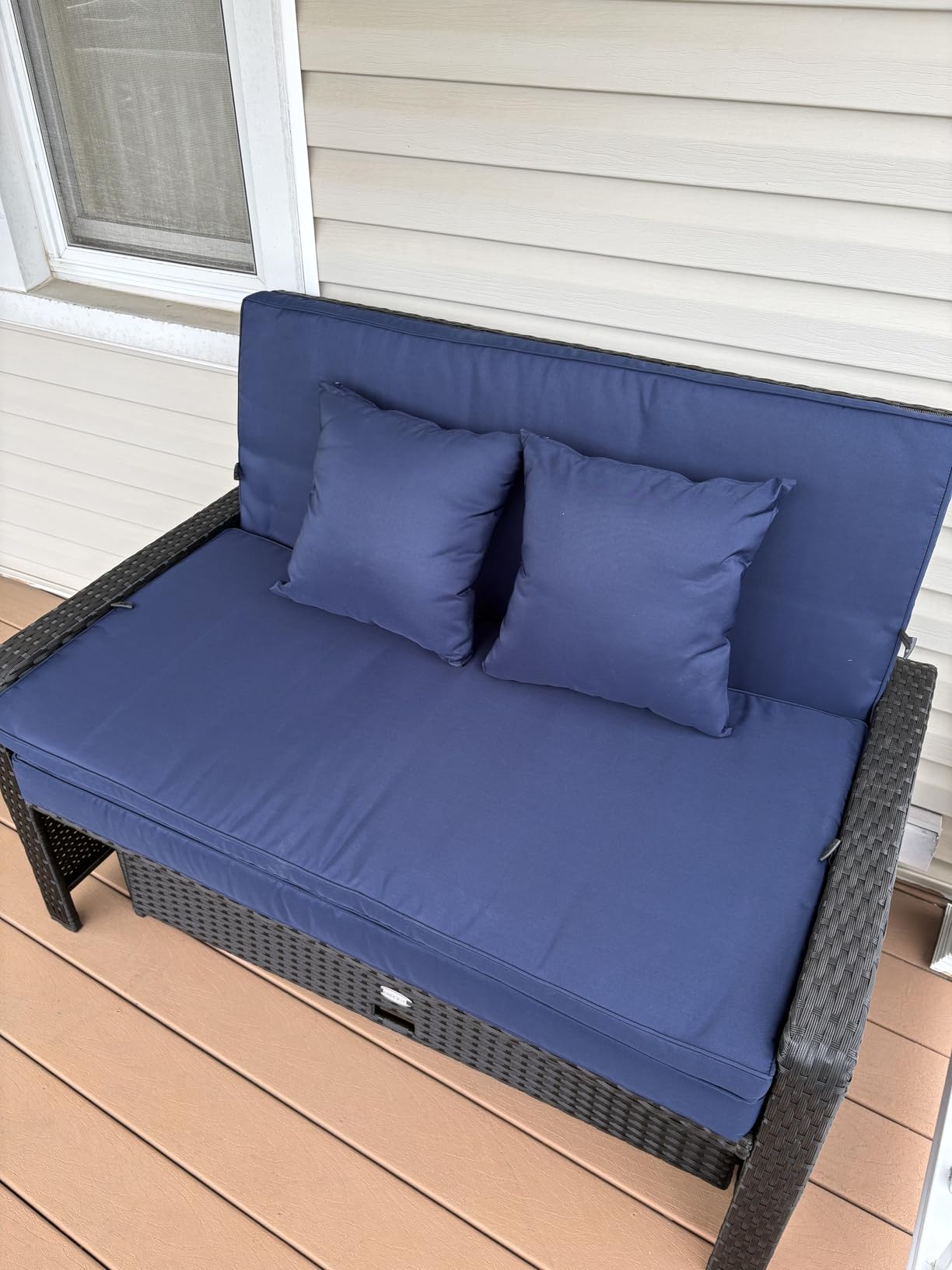 Tangkula Patio Rattan Daybed with 4-Level Adjustable Backrest, Outdoor PE Wicker Loveseat with Storage Ottoman & Folding Side Tray, Double Sunbed Lounger for Balcony, Backyard & Poolside, Navy & Brown customer photo 2