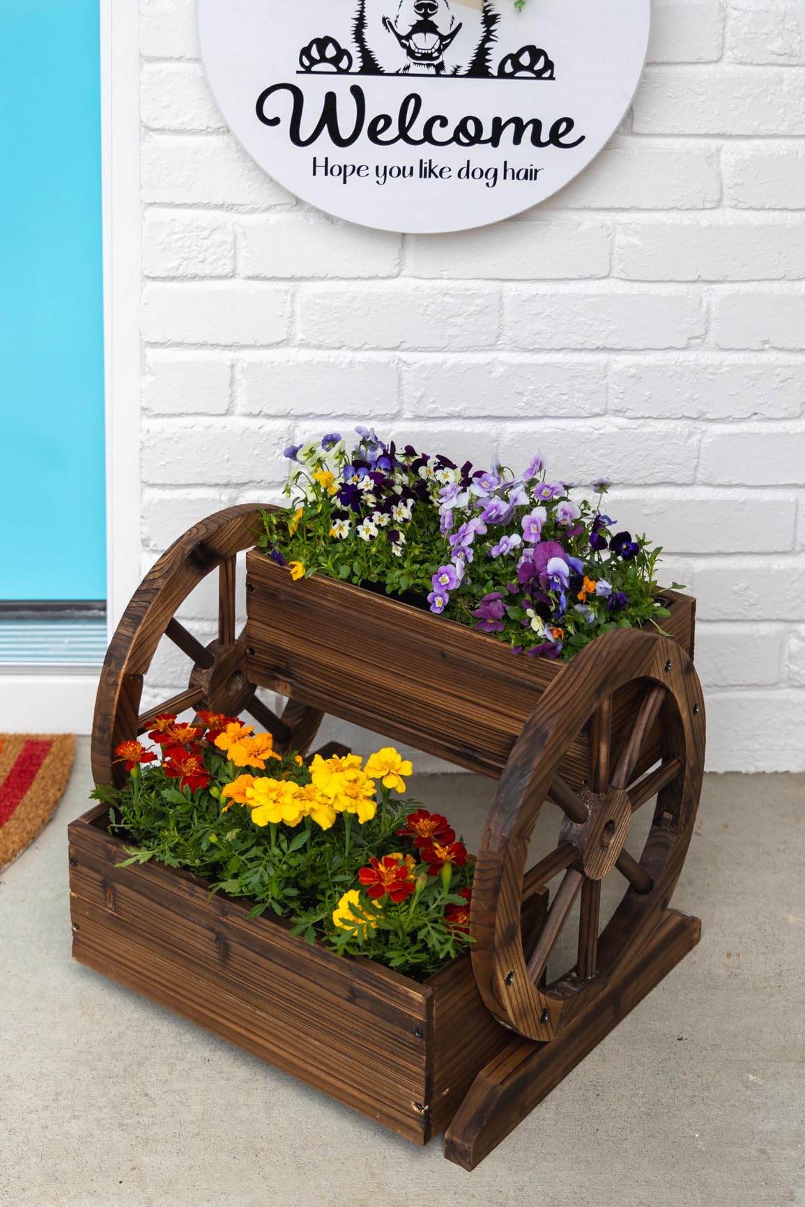 OIPRTGFJ Wooden Wagon Planter Box, Garden Planter with Wheels,Decorative Planter for Flowers Herbs Vegetables for Indoor & Outdoor Décor, Flower Cart for Patio Garden Balcony customer photo 2
