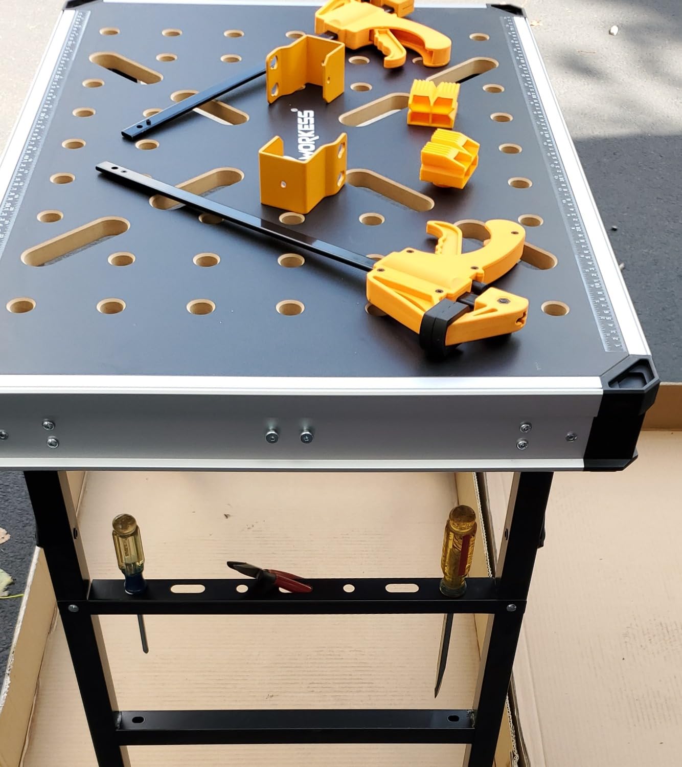 WORKESS Portable Workbench 1000Lbs Capacity Heavy Duty Folding Work Table with 2 Quick Clamps, 4 Bench Dogs, 3 Tool Boxes for Garage Easy Storage customer photo 1