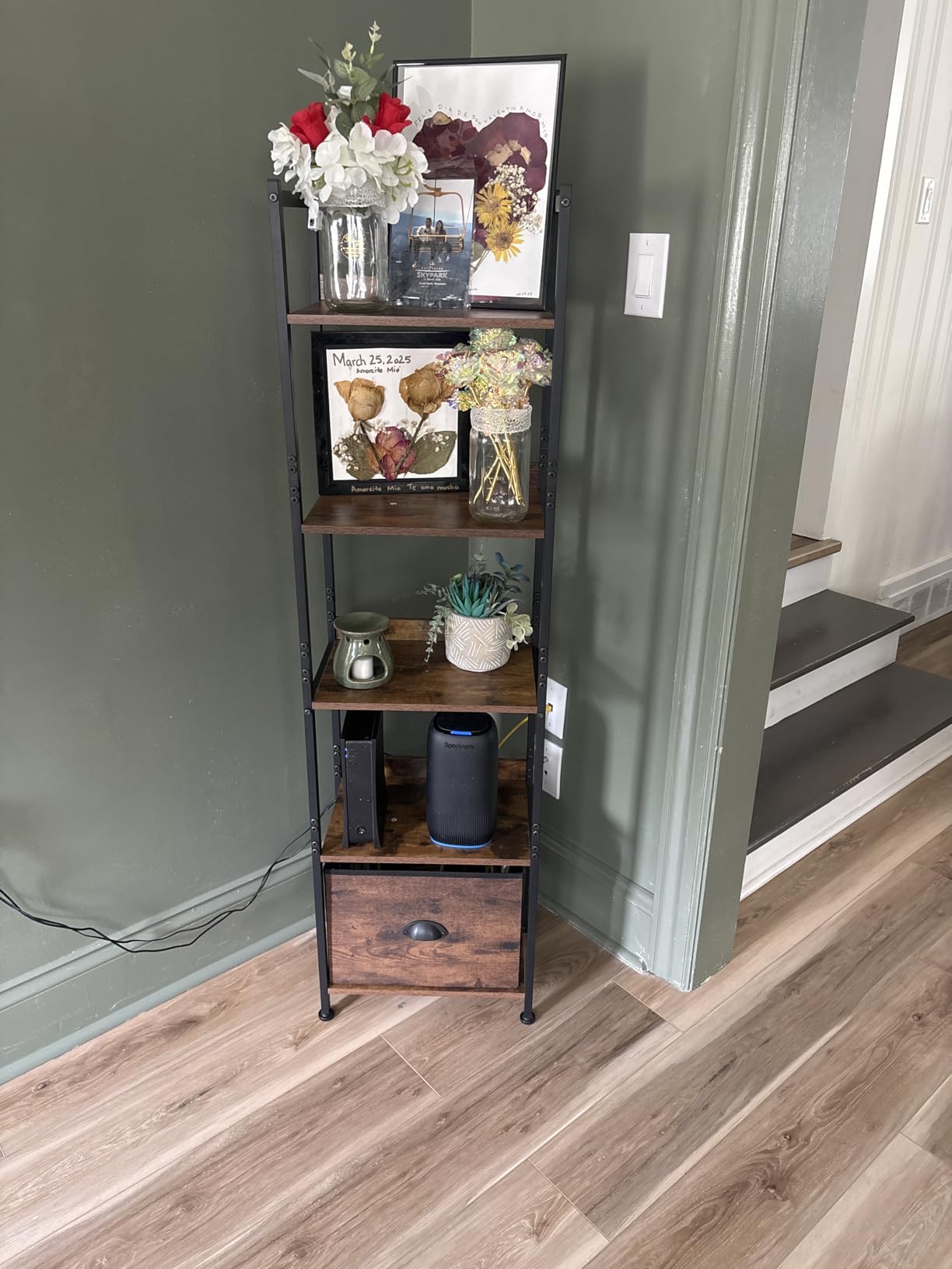 Furologee 5 Tier Bookshelf with Drawer, Tall Narrow Bookcase with Shelves, Wood and Metal Bookshelves Storage Organizer, Industrial Display Standing Shelf Unit for Bedroom, Living Room, Rustic Brown customer photo 1