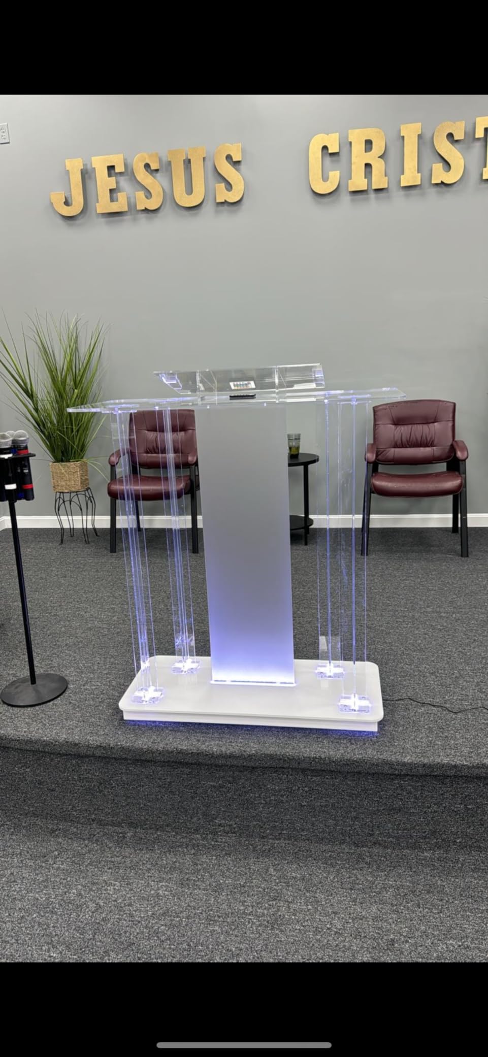 Church Pulpit with Wheels, Church Podium with Led Light, Acrylic Church Podium with Rollers & Vertical Reading Platform, 46