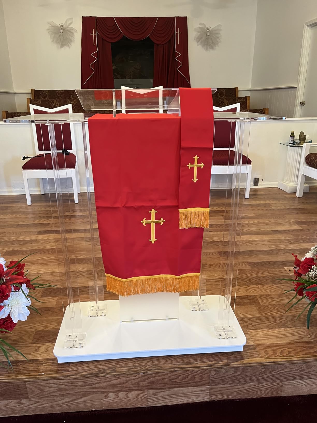 Church Pulpit with Wheels, Church Podium with Led Light, Acrylic Church Podium with Rollers & Vertical Reading Platform, 46