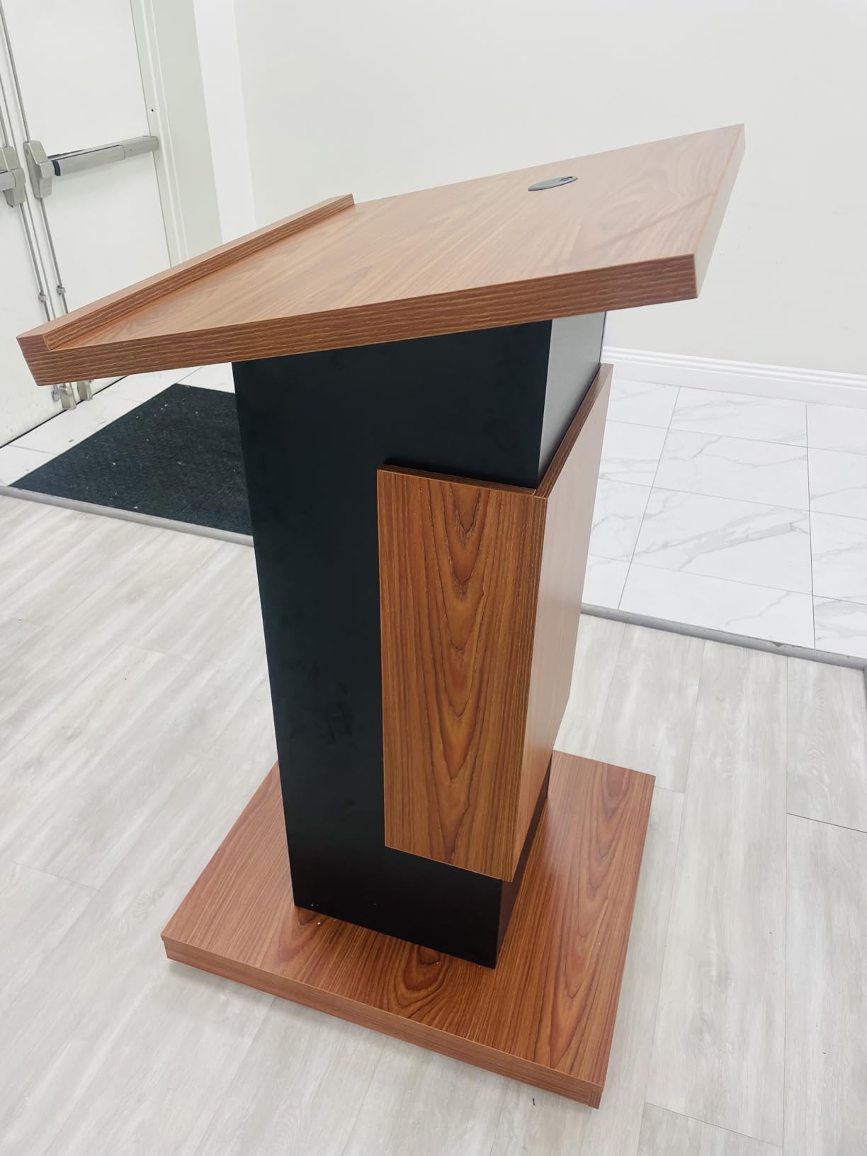 Wood Podium with Wheels, Wooden Lectern Stand, 15MM Particle Board, Elegant Design with Storage, Mic Stand Space, Wooden Pulpit for Restaurants, Churches, Seminars and Schools customer photo 1