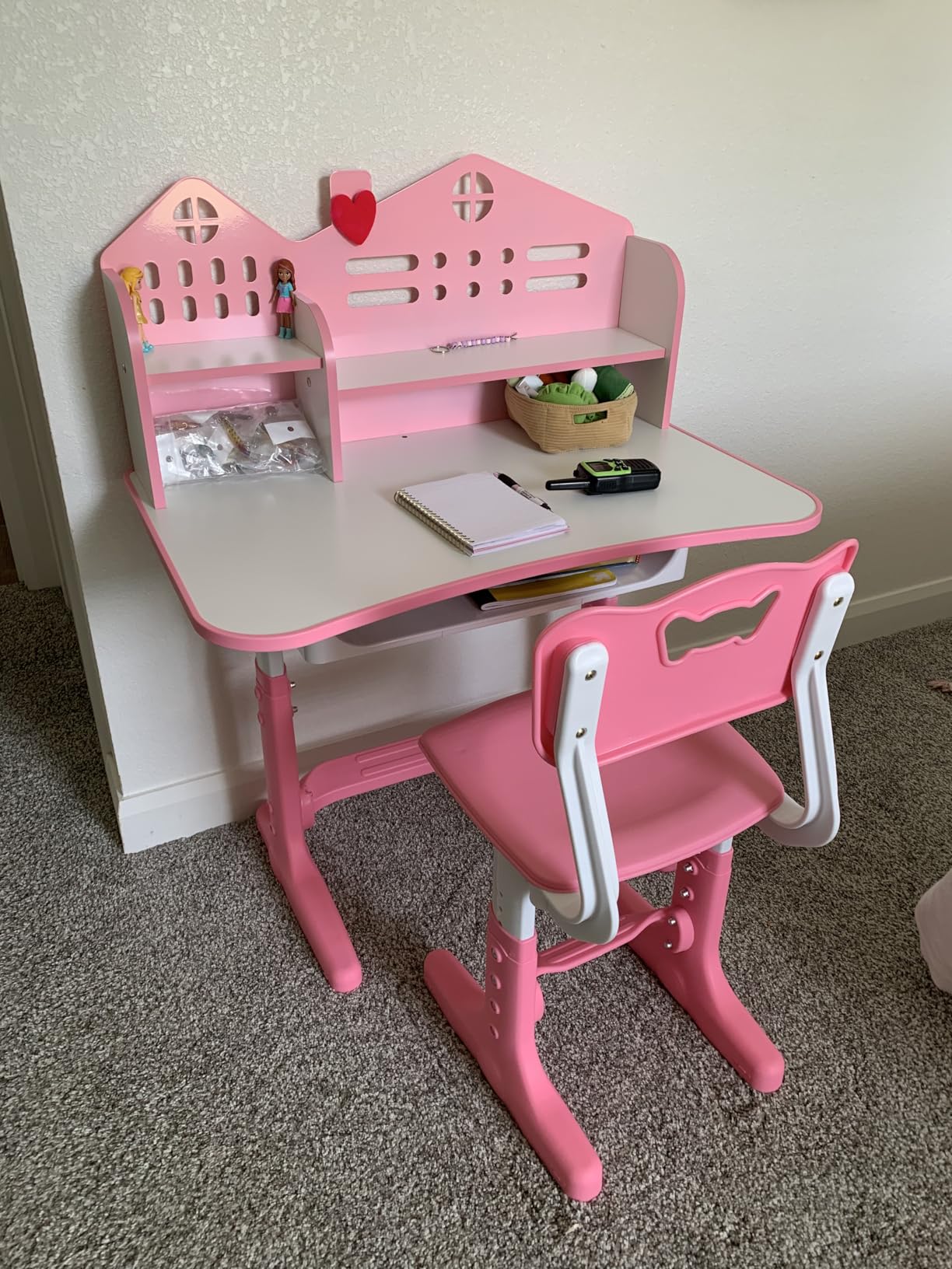 Kids Functional Desk and Chair Set, Height Adjustable Children School Study Desk with Storage Drawer for Boys Girls (Pink) customer photo 2