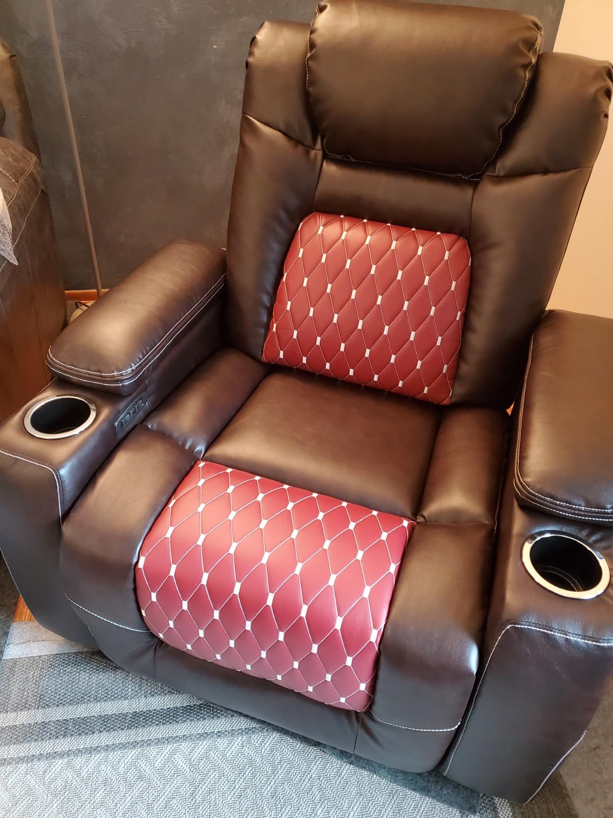 ANJ Power Recliner Chair with Adjustable Powered Headrest Set of 3,Electric Faux Leather Home Theater Seating Overstuffed Reclining Furniture & USB Ports, Cup Holders, Hidden Arm Storage (Black/Red) customer photo 2