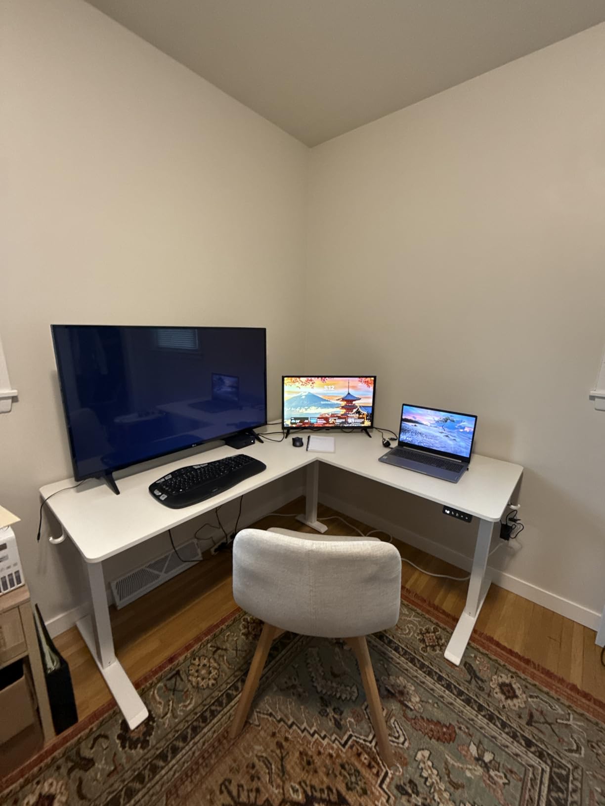 TIQLAB L Shaped Standing Desk Adjustable Height, Reversible Electric Corner Standing Desk, 63 x 55 inch Sit Stand Computer Table with Splice Board, Maple customer photo 2