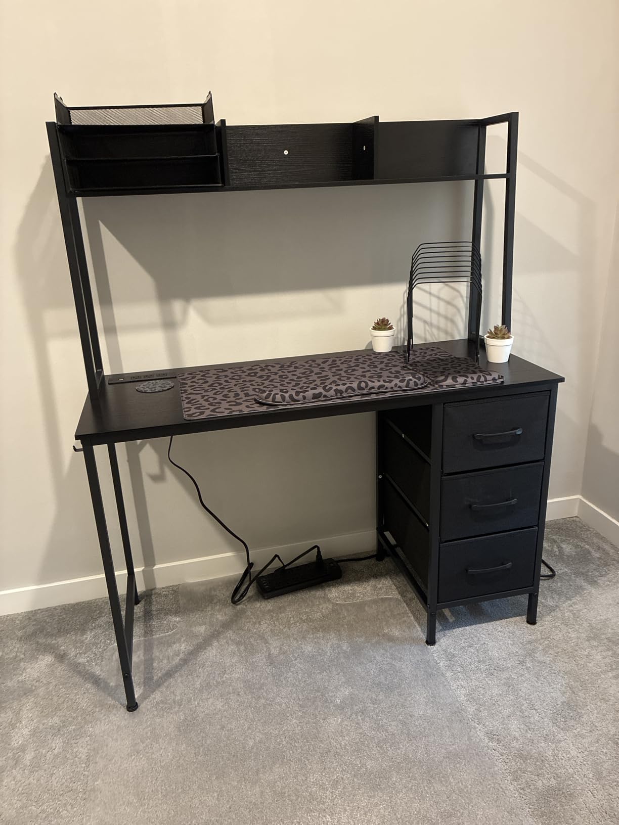 DLisiting Black Computer Desk with Hutch & Drawers - Office Desk with 3 Storage Drawers and Power Outlets, 47 Inch Modern Study Writing Desk for Bedroom Home Office customer photo 1