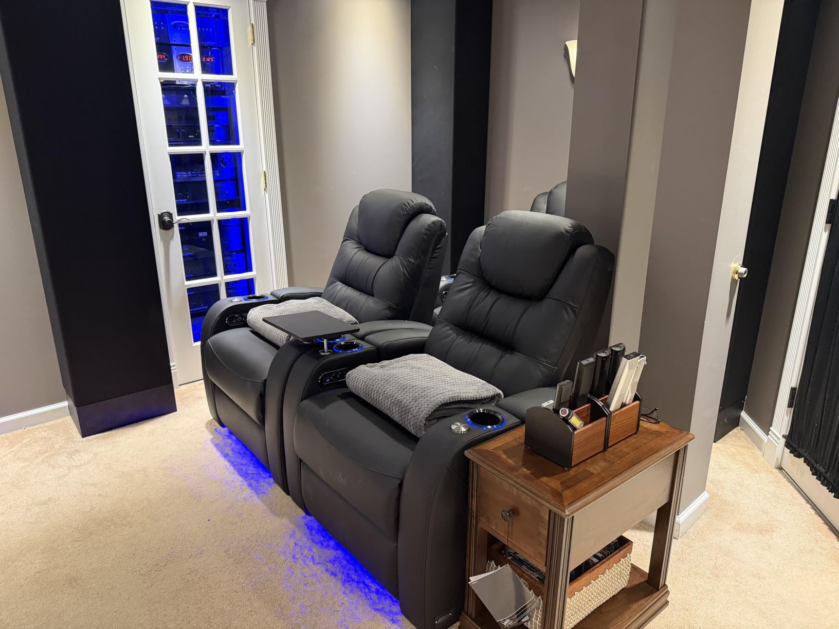 comfiroom Home Theater Seating, Top-Grain Leather Power Recliner Chair | Simple Style Black Dual Power Electric Headrest Movie Theater Chairs Gaming Sofa with Tray Table, Row of 4 customer photo 2