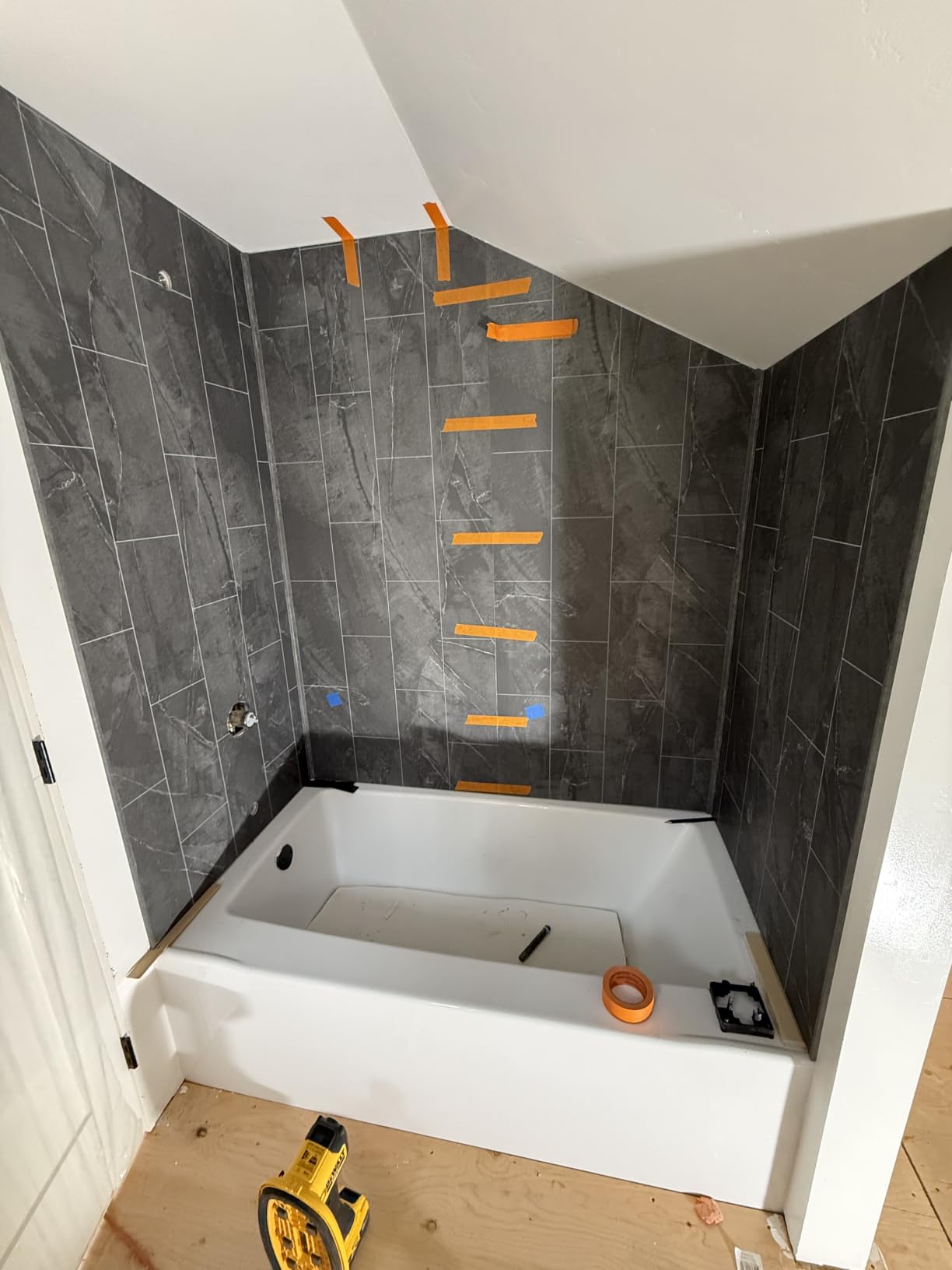 Palisade Vinyl Corner Shower Surround Kit 78in x 36in x 36in, Urban Slope | Waterproof PVC wall panels, grout-free design, coordinating trim, shelves, adhesive and sealant included customer photo 1