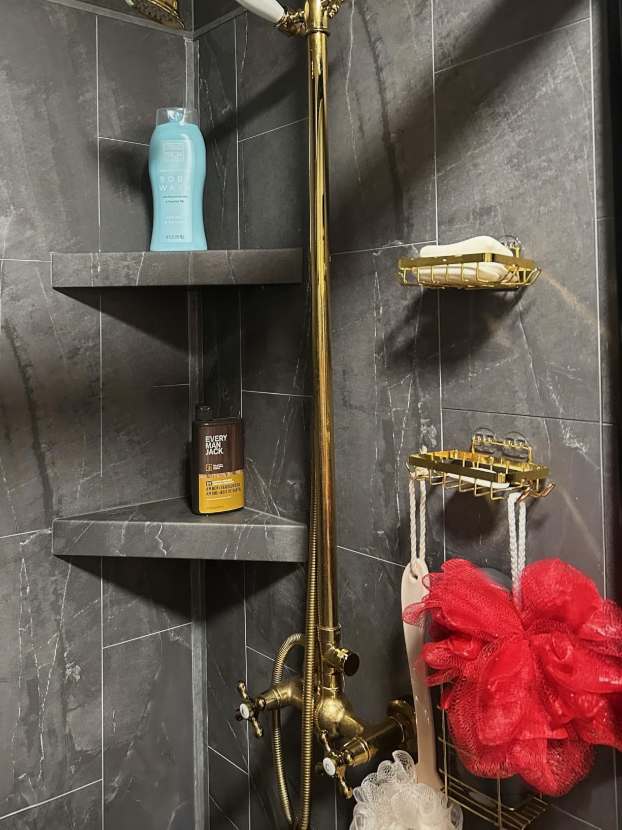 Palisade Vinyl Corner Shower Surround Kit 78in x 36in x 36in, Urban Slope | Waterproof PVC wall panels, grout-free design, coordinating trim, shelves, adhesive and sealant included customer photo 2