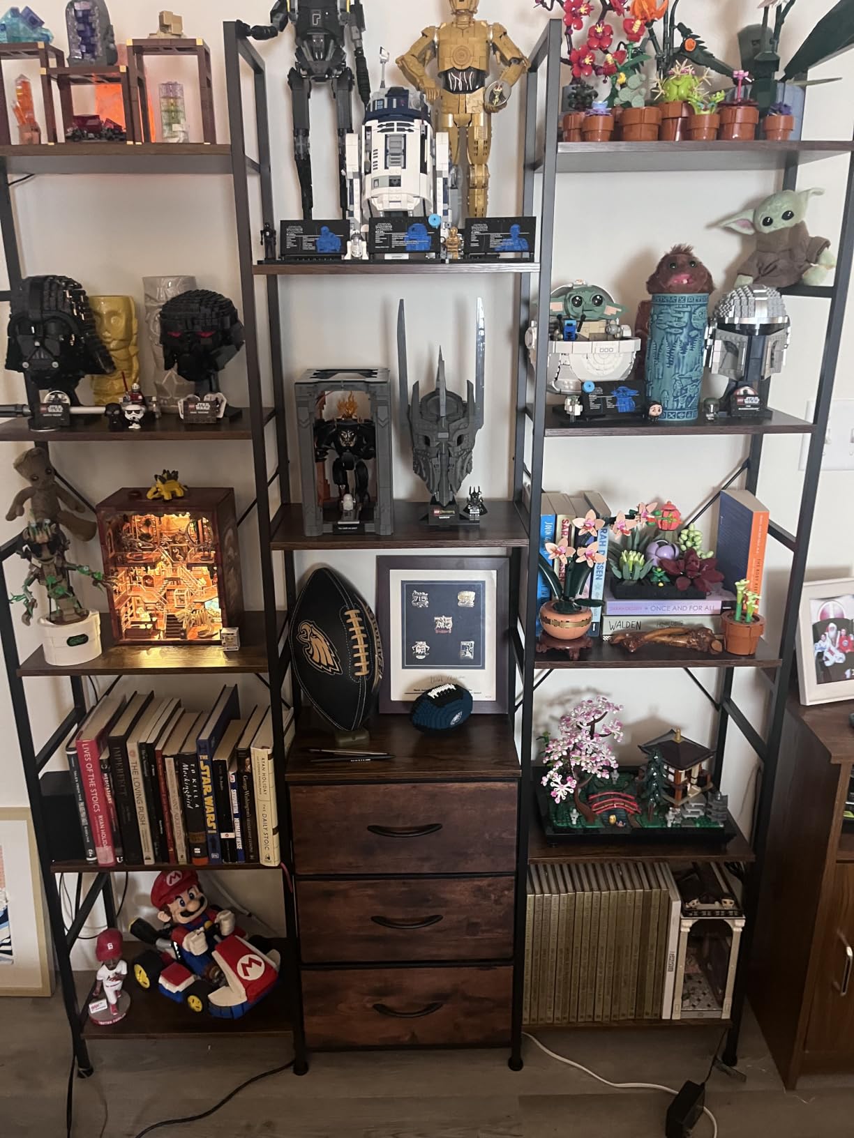 AFLUI Triple Bookshelf with 3 Fabric Drawers, 4-Tier Book Shelf and 10 Display Shelves, Industrial Large Bookcase for Home & Office, Rustic Brown, 47'' Wide customer photo 1