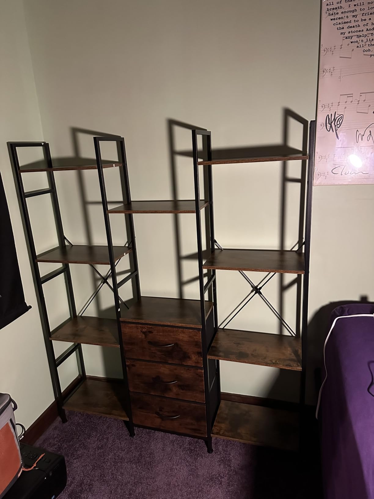AFLUI Triple Bookshelf with 3 Fabric Drawers, 4-Tier Book Shelf and 10 Display Shelves, Industrial Large Bookcase for Home & Office, Rustic Brown, 47'' Wide customer photo 2
