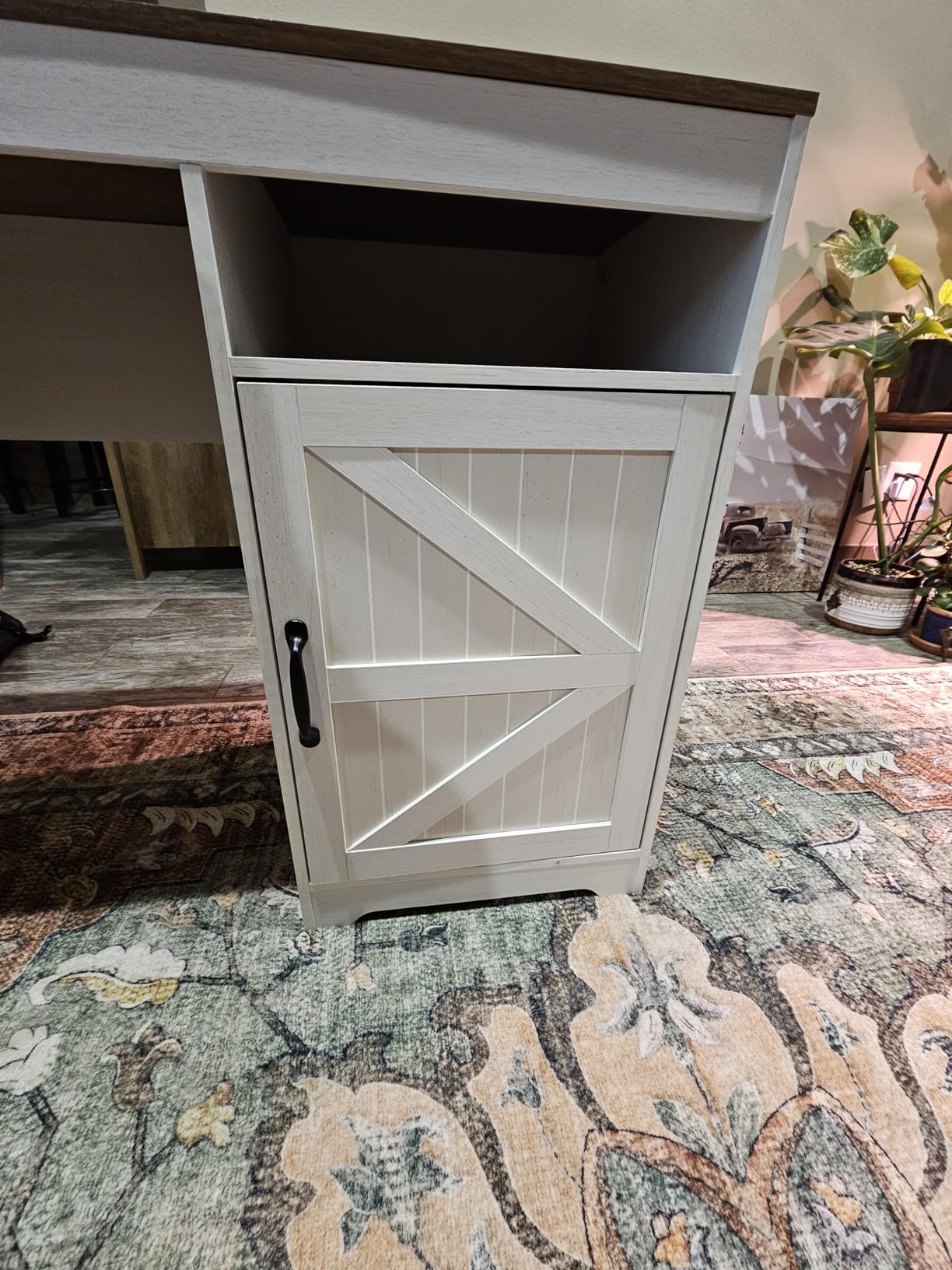 63-Inch Farmhouse L Shaped Desk with Drawers & Printer Shelf for Home Office, Corner Computer Desk with Storage, Power Outlets, L Shaped Office Desk with Monitor Stand, Printer Shelf, Antique White customer photo 1