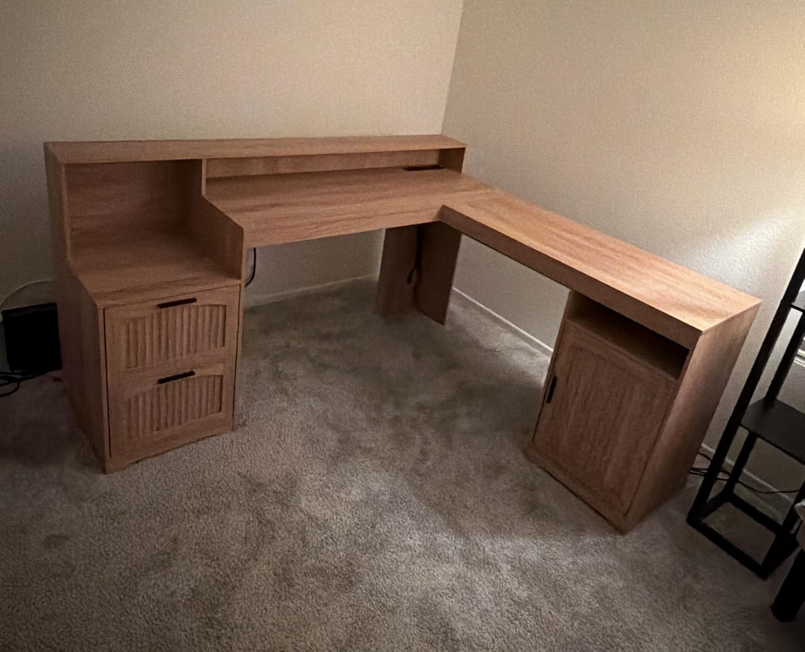 63-Inch Farmhouse L Shaped Desk with Drawers & Printer Shelf for Home Office, Corner Computer Desk with Storage, Power Outlets, L Shaped Office Desk with Monitor Stand, Printer Shelf, Antique White customer photo 2