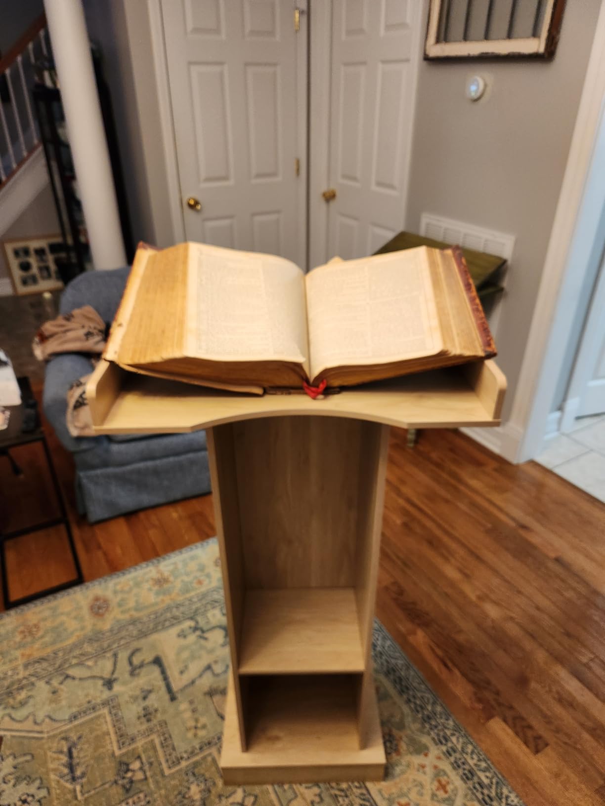 Wooden Podium Lectern Stand with Storage Shelves, Presentation Pulpit for Church Classroom (Reddish Brown) customer photo 1