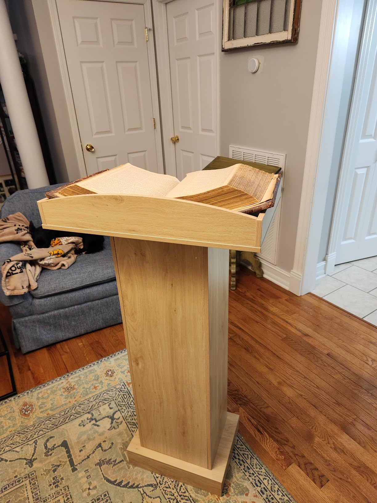 Wooden Podium Lectern Stand with Storage Shelves, Presentation Pulpit for Church Classroom (Reddish Brown) customer photo 2