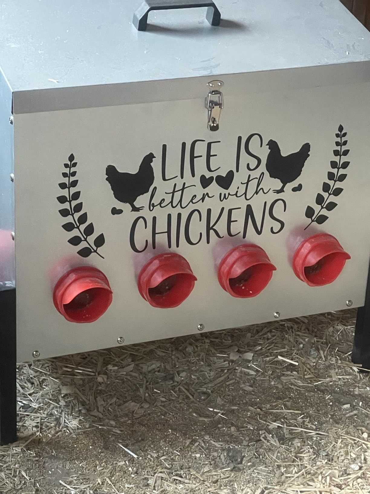 95 lb Chicken Feeder with 10 No-Waste Ports – Extra-Large Galvanized Metal Poultry Feeder with Adjustable Height Heavy-Duty Stand – Outdoor Feed Box for Chickens, Ducks & Geese customer photo 1