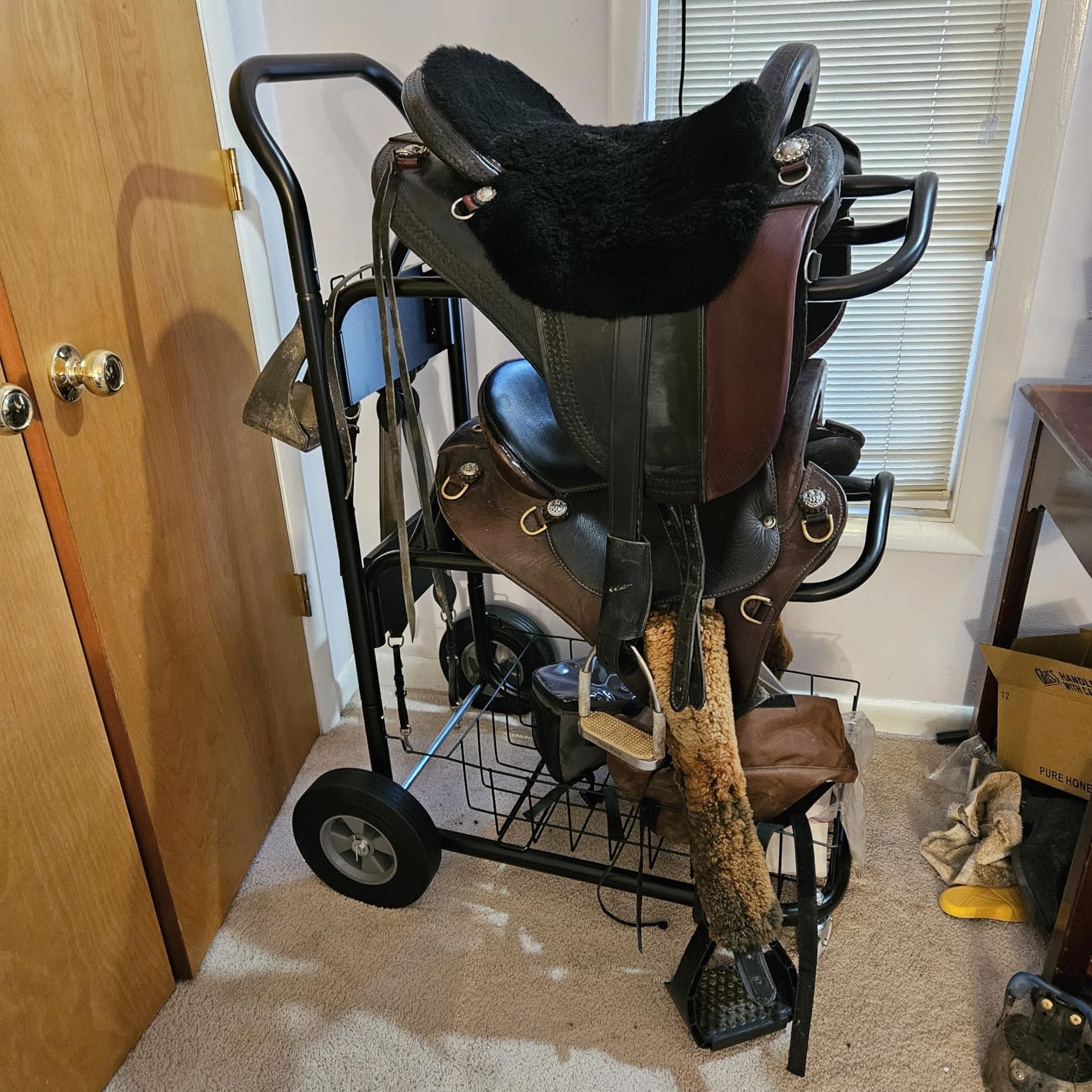 Homestead 220 Lbs Rolling Saddle Rack Cart with Basket – Heavy Duty Saddle Stand for Western Horse Gear, Organizers and Storage for Tack Room, Bridle, Horse Lovers, Cowboy - 3 Tier Saddle Rack Carts customer photo 2