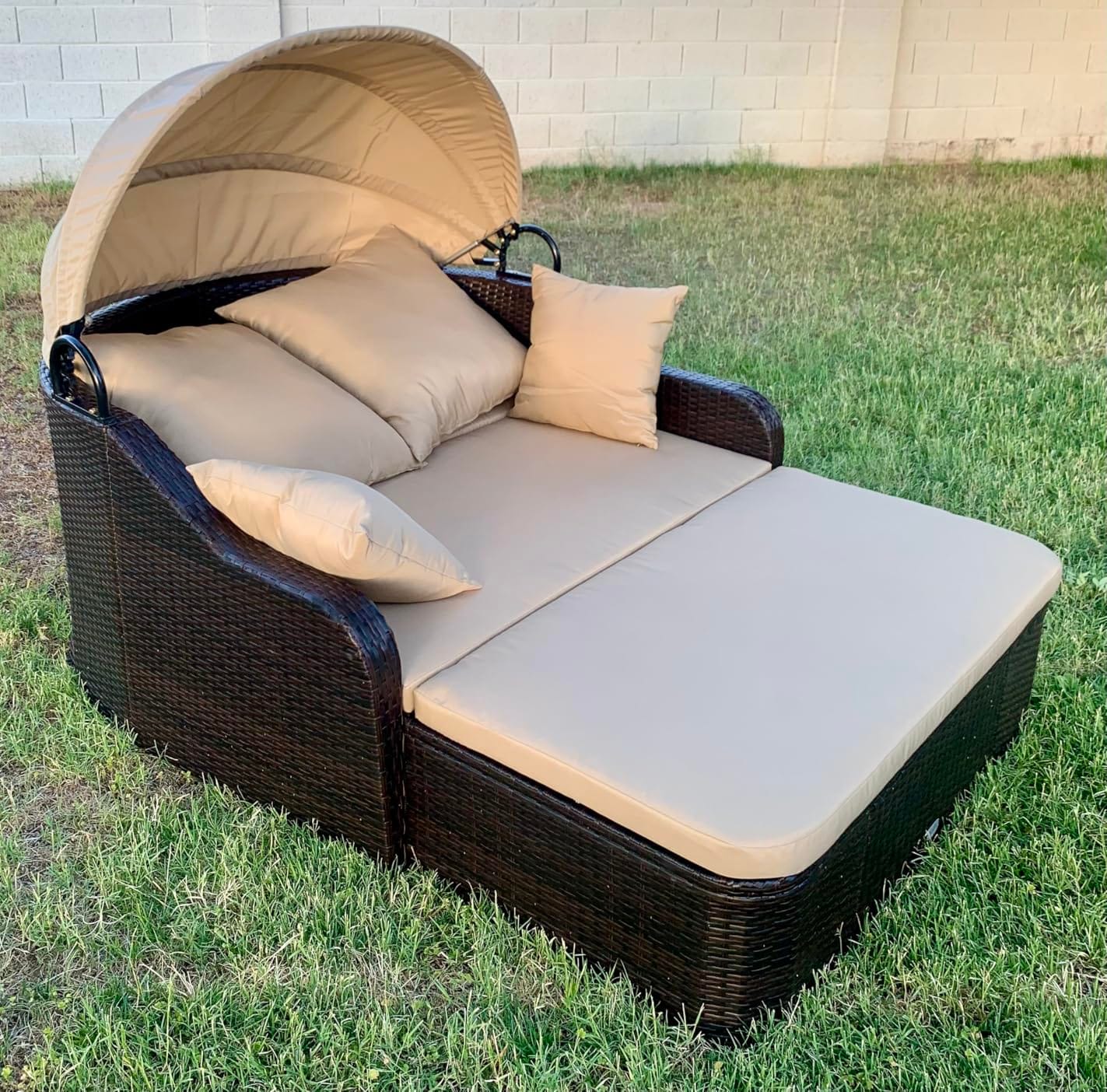 Moccha Outdoor Daybed with Retractable Canopy - PE Rattan Double Chaise Lounge w/ Soft Cushions, Pillows, Ottoman, Outside Sunbed, Wicker Loveseat Sofa, Sectional Conversation Set, Patio Furniture Set customer photo 1