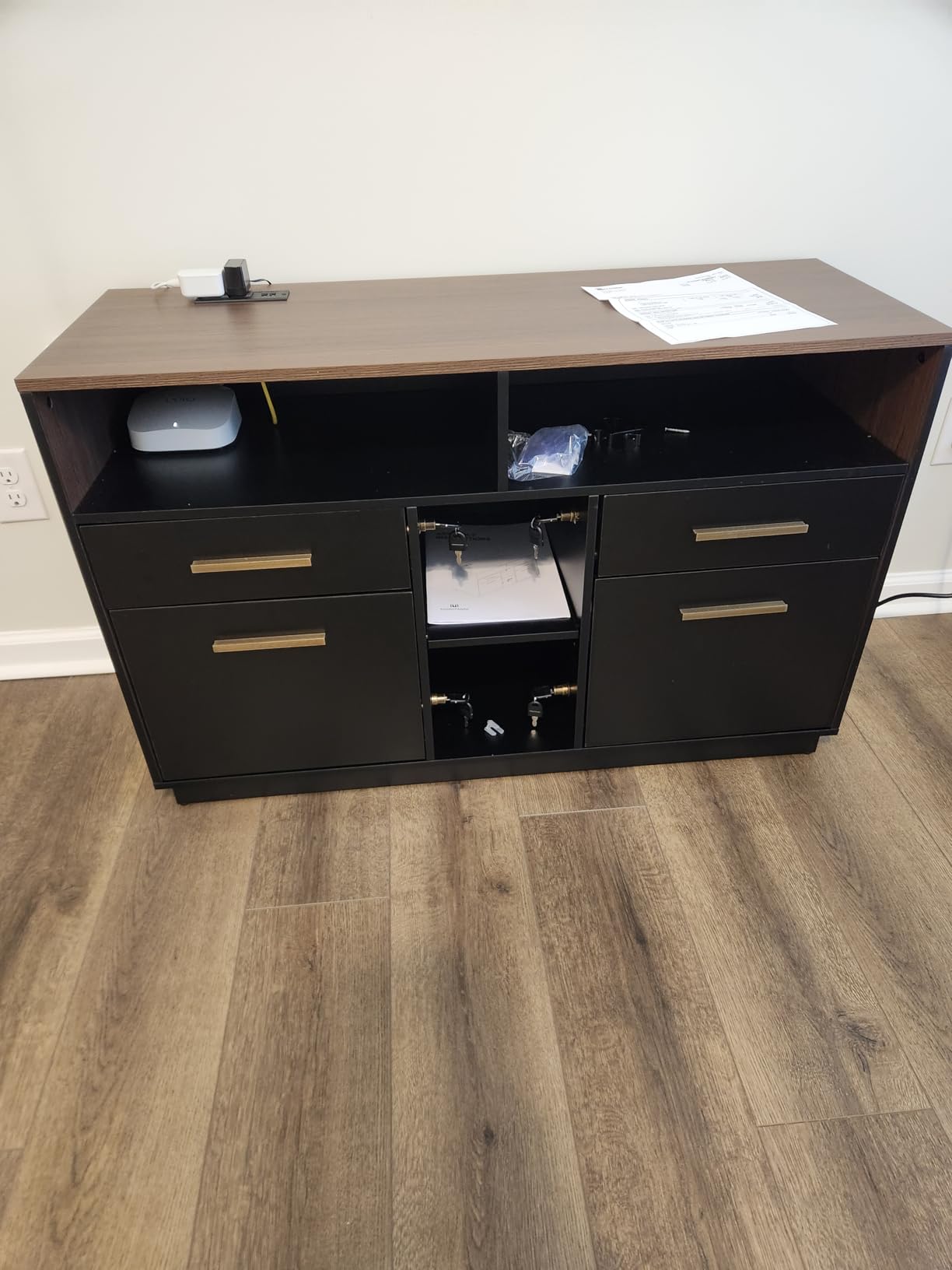 ModernMate 4 Drawer File Cabinet with Lock for Home Office | Fits A4/Letter Size, Lateral File Cabinet with Power Strip, Open Shelves, Printer Stand with Storage, Black Walnut customer photo 2