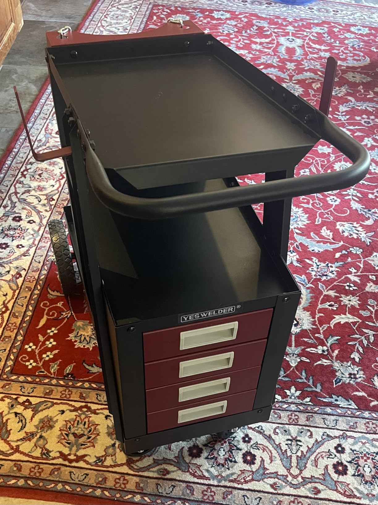 YESWELDER Welding Cart with 4 Red Drawers, Dual Cylinder Slots, 245 lb | Custom Steel-Plate Frame with Rust-Resistant Paint, 360° Swivel Casters, with Stainless Steel Safety Chains customer photo 2