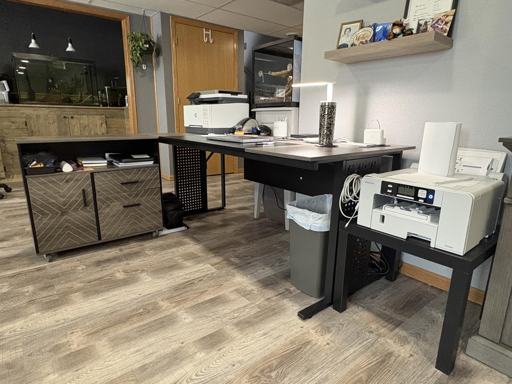 SEDETA 71-Inch Executive Desk with Rolling File Cabinet, Large Office Desk with Drawers, L Shaped Computer Desk with Power Outlets, CPU Stand, Pegboard and Storage Shelves, Brown customer photo 1