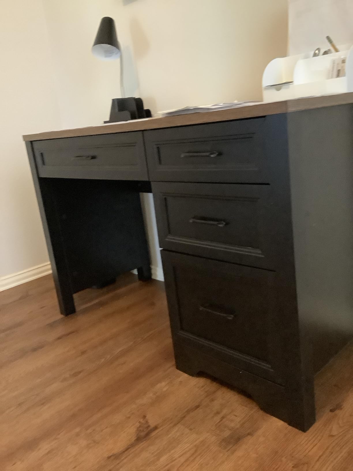 Vabches Wood L Shaped Executive Desk with 6 Drawers, Farmhouse Home Office Desk with Power Outlets and Triangle Under-Desk Storage Shelf & Drawer File Cabinet, Corner Computer Desk, Brown customer photo 1
