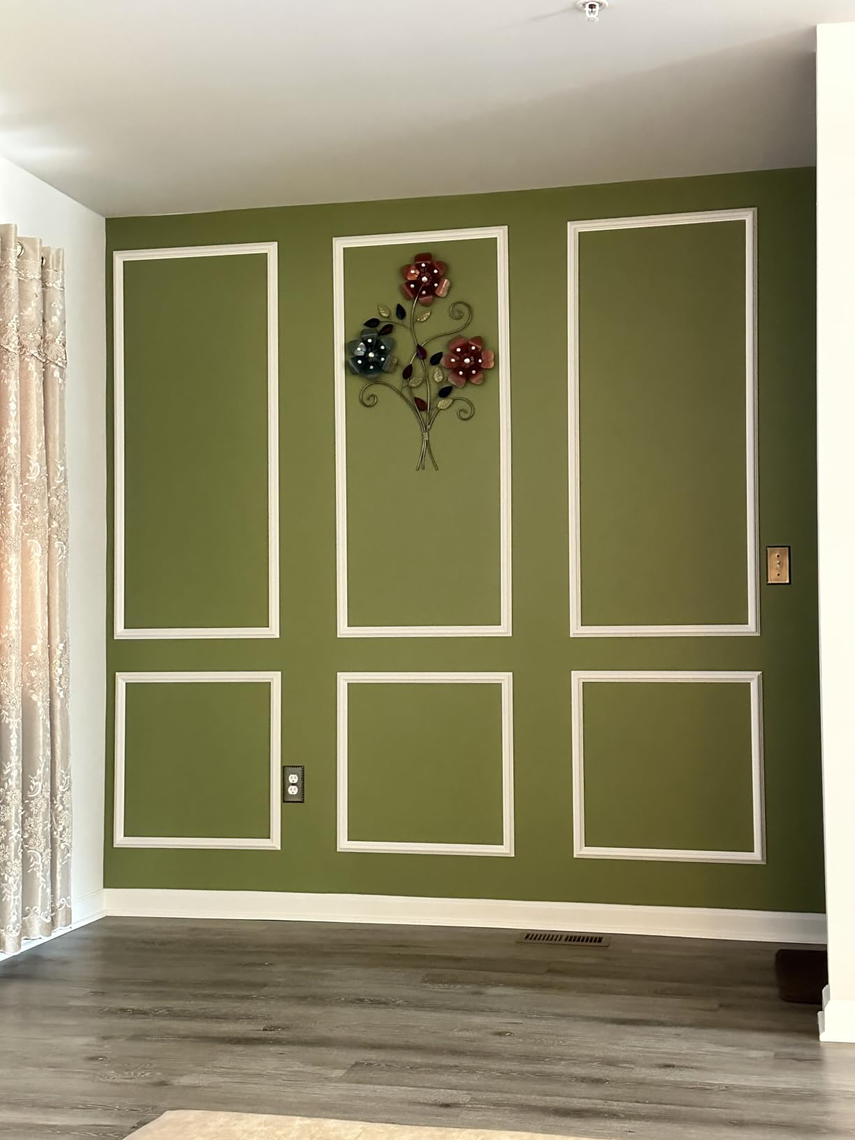 Peel and Stick Wall Molding Kit, 6 Large Frames, 54 x 24 Inch | Six 54 x 24 in pre-cut frames create a large-scale wainscoting layout for living rooms, dining rooms, and hallways. customer photo 2