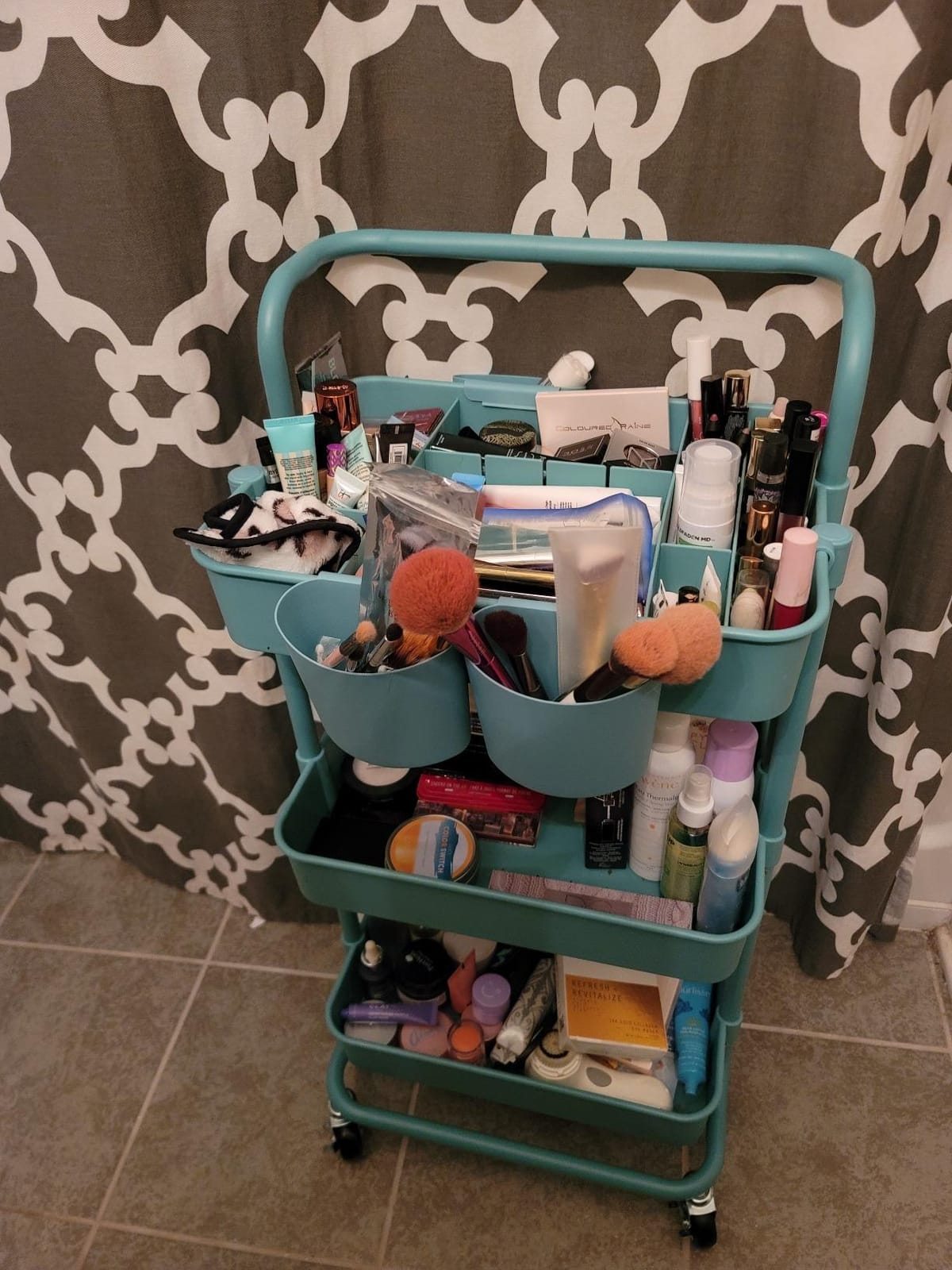 ALVOROG Rolling Storage Cart with 5 Drawers,Pegboards,Wooden Top,Bins,White customer photo 1