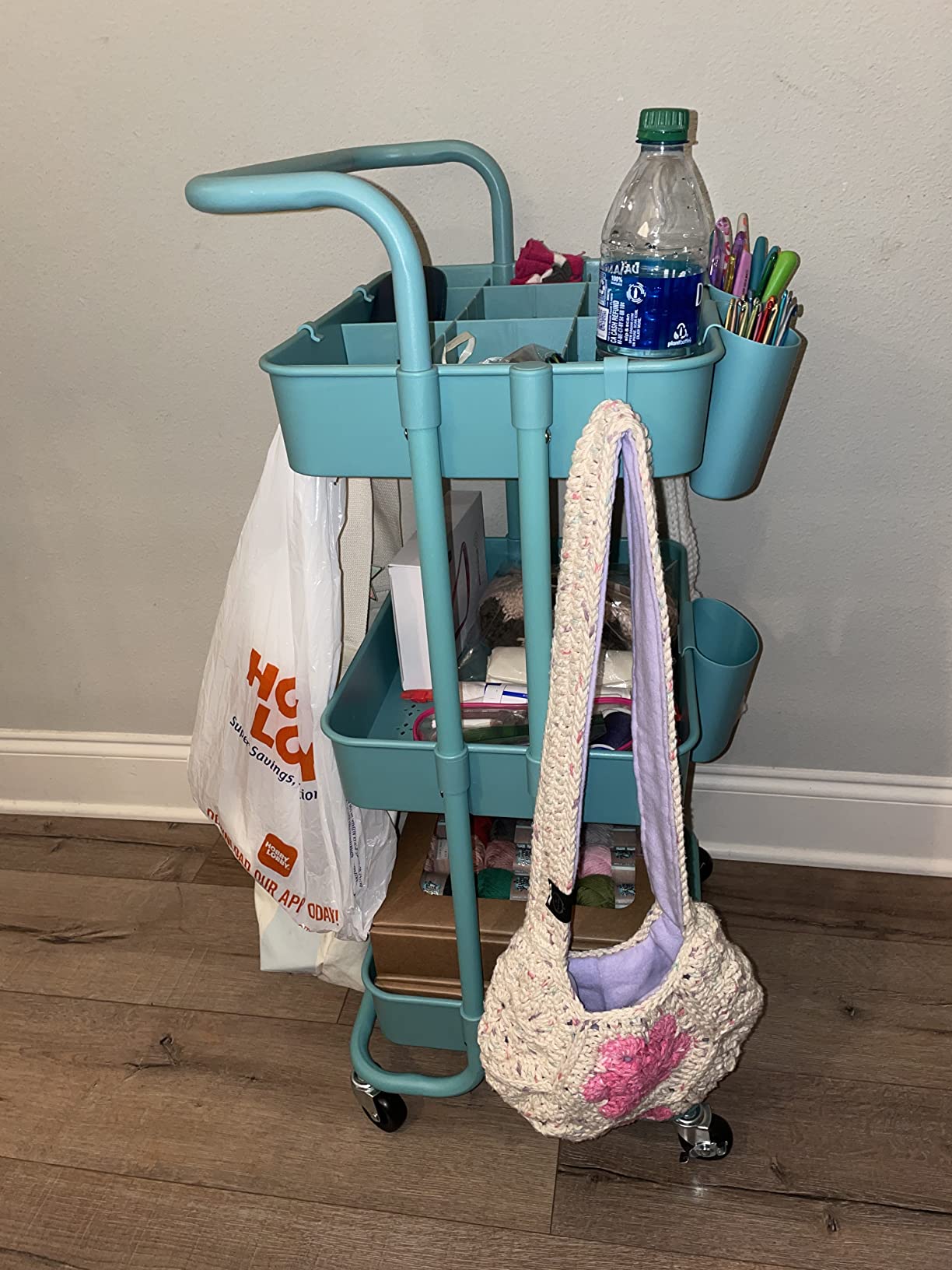 ALVOROG Rolling Storage Cart with 5 Drawers,Pegboards,Wooden Top,Bins,White customer photo 2