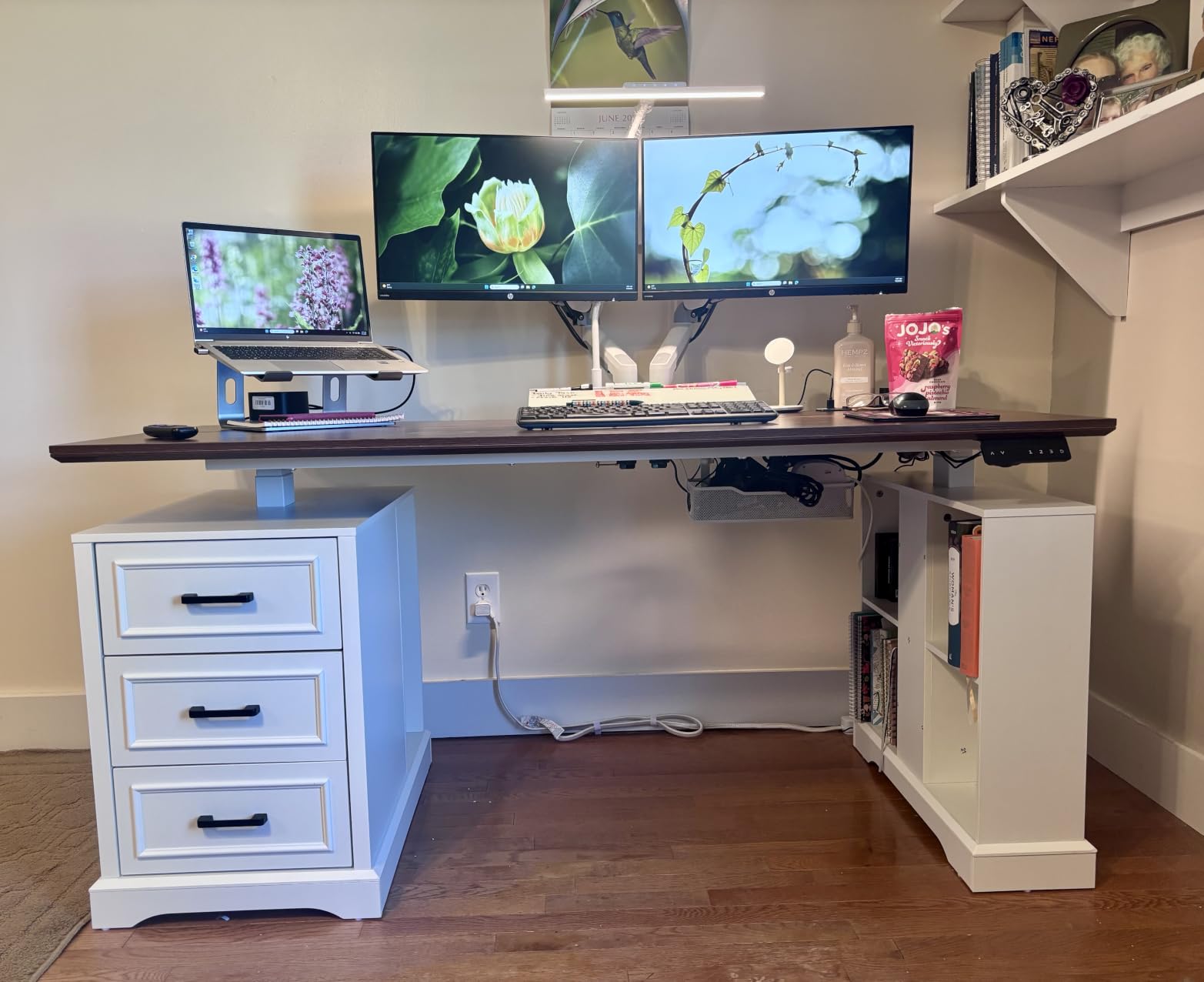 SEDETA Farmhouse L Shaped Electric Standing Desk with File Cabinet, 77 x 55'' Height Adjustable Home Office Computer Desk with 6 Drawers, Power Outlet, Sit Stand Desk, Black customer photo 2
