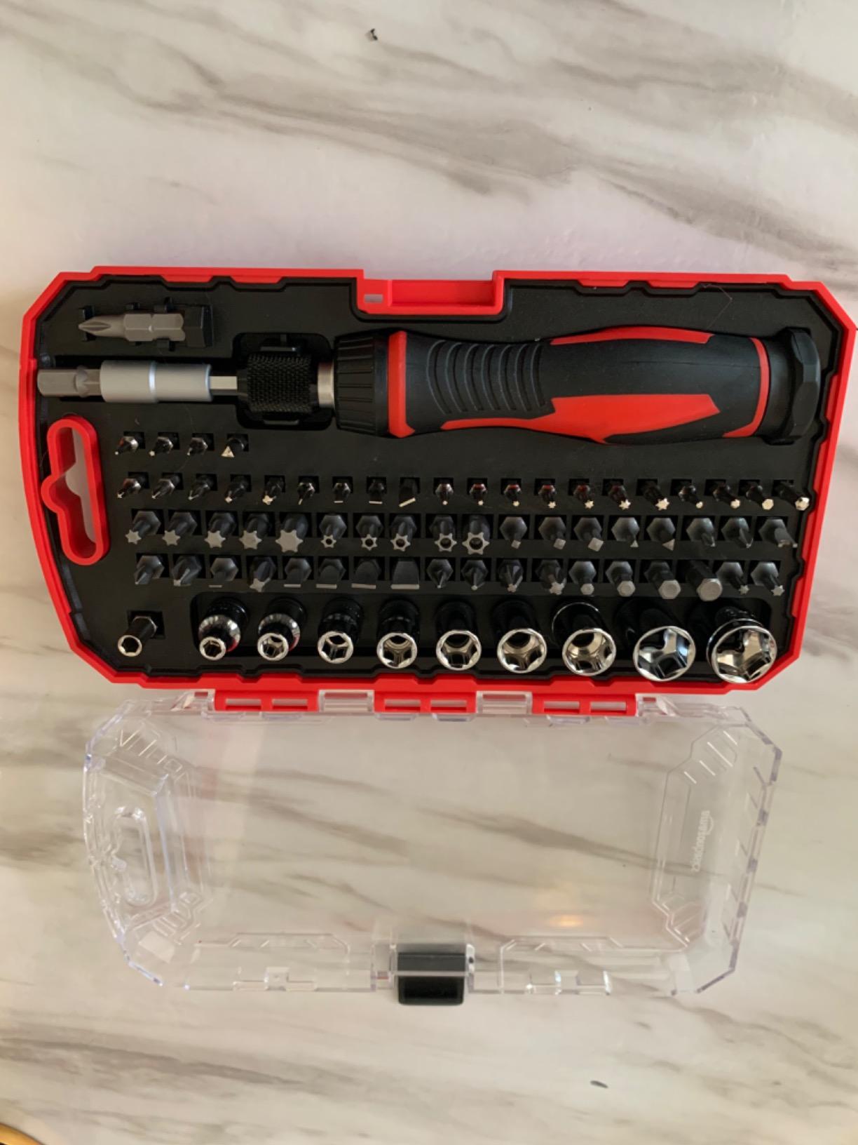 Amazon Basics Magnetic Ratcheting Wrench and Electronics Precision Screwdriver Tool Set, 73-Piece, with Carry Case for Household Repair, Small Jobs, Eyeglasses, Black/Red/Silver customer photo 2