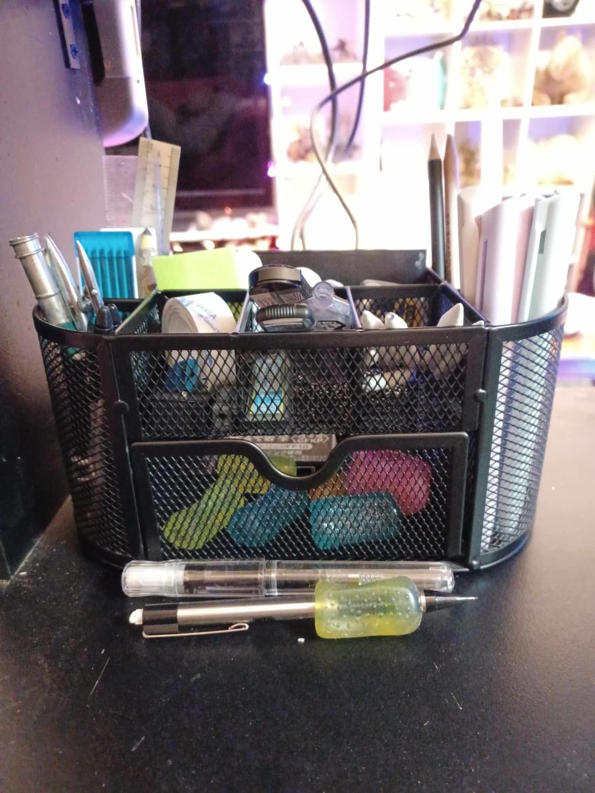 Mesh Desk Organizer with Drawer, 9-Compartment Pen Holder for Desk, Black customer photo 1