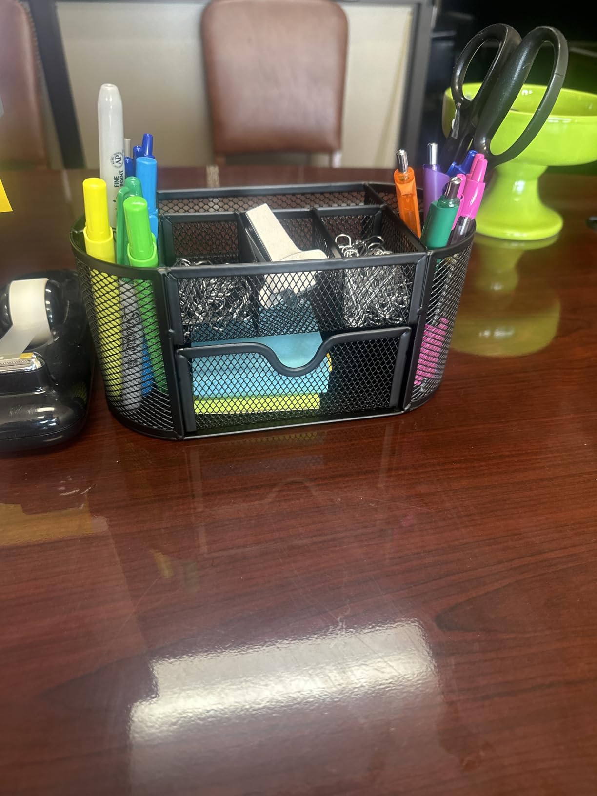 Mesh Desk Organizer with Drawer, 9-Compartment Pen Holder for Desk, Black customer photo 2