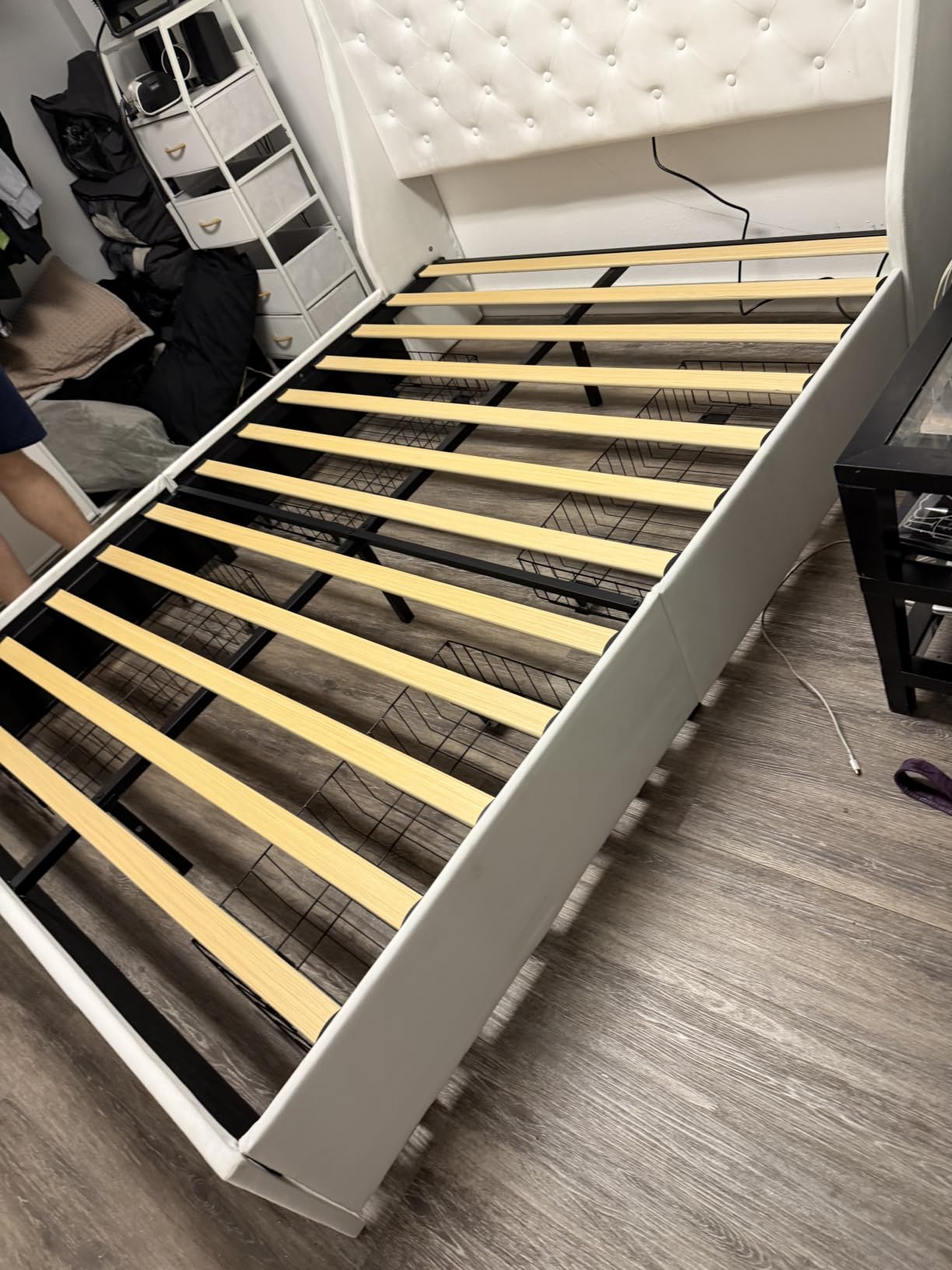 Feonase Queen Bed Frame with 4 Storage Drawers, Upholstered Storage Bed with Charging Station, Tufted Wingback Headboard, No Box Spring Needed, Dark Grey customer photo 2