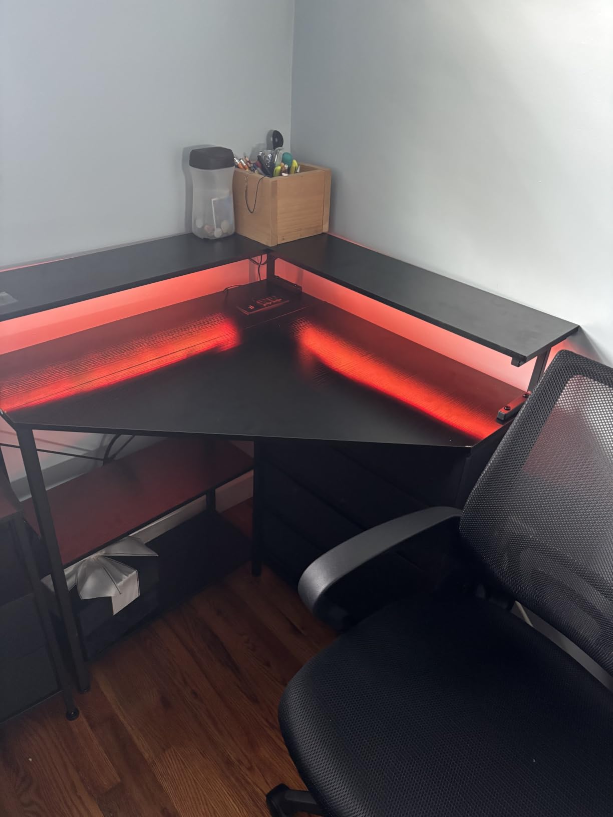 VENNQD Corner Desk with Drawers Shelves for Small Space 90 Degrees Triangle Computer Desk with Power Outlets,Gaming Desk with LED Lights Monitor Stand for Home Office Workstation Writing Table (Brown) customer photo 1