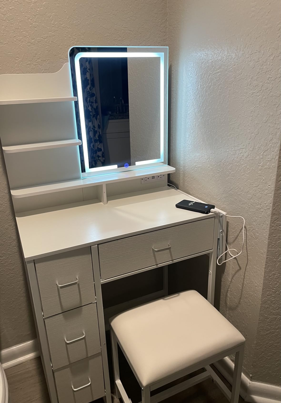 ALEXNUTRE Makeup Vanity Desk with Mirror and Lights, Small Vanity with Fabric Storage Drawer & Chair & Shelves, Vanity with Fold-up Panel and Power Outlet for Bedroom customer photo 1